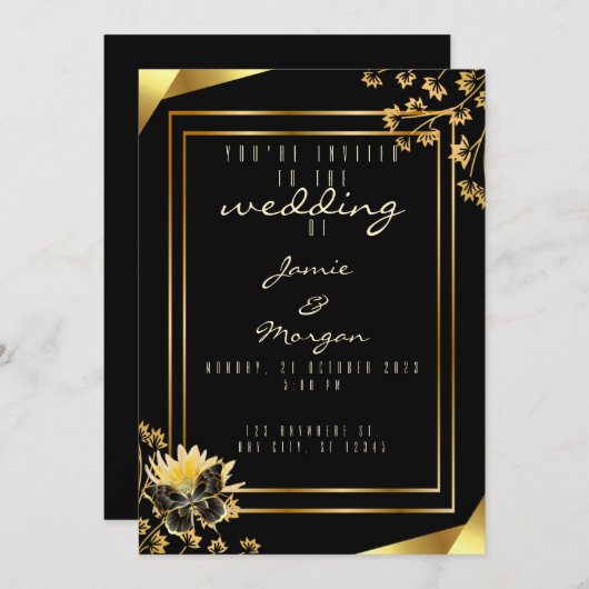 Invitation Élégant Mariage noir et brillant papillon noir (Devant / Derrière)