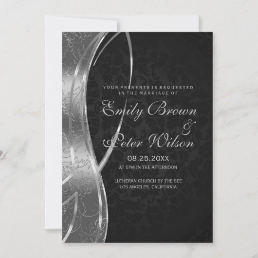 Invitation Élégant mariage noir et gris argent damassé (Devant)
