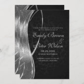 Invitation Élégant mariage noir et gris argent damassé (Devant / Derrière)