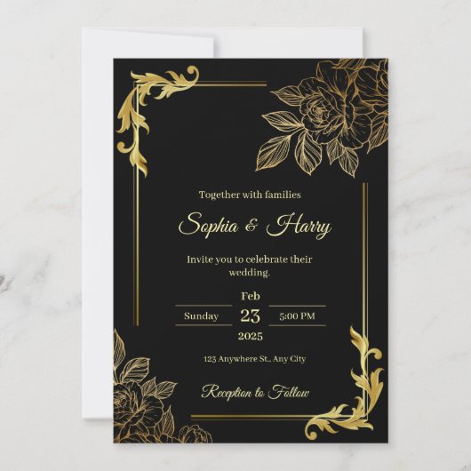 Invitation Élégant Mariage noir et or (Devant)