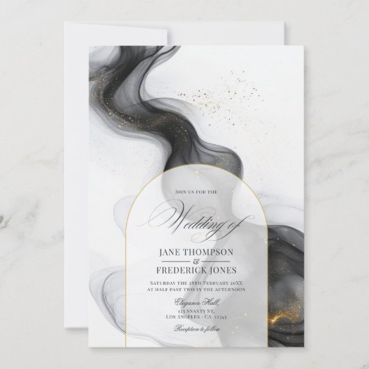 Invitation Élégant Mariage noir et or en marbre d'encre (Devant)