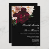 Invitation Élégant Mariage noir floral et bordeaux foncé (Devant / Derrière)