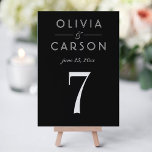 Invitation Élégant Mariage noir Numéro de tableau<br><div class="desc">Les cartes de numéro de table de mariage noir et blanc, modernes et chic, présentent un design typographique blanc élégant avec un texte personnalisé élégant qui peut être personnalisé avec un monogramme des noms de mariée et de mariée et le numéro de table. Remarque : pour commander, ajoutez chaque numéro...</div>
