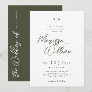Invitation Élégant mariage Olive & Blanc écriture moderne