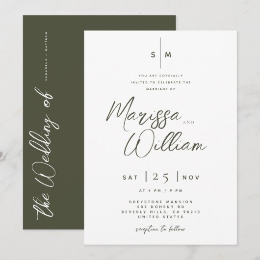Invitation Élégant mariage Olive & Blanc écriture moderne (Devant / Derrière)