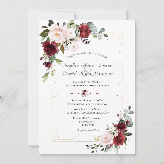 Invitation Élégant Mariage or aux fleurs bleues bordeaux (Devant)