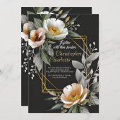 Invitation Elégant Mariage or bordeaux rouge et noir floral (Devant / Derrière)