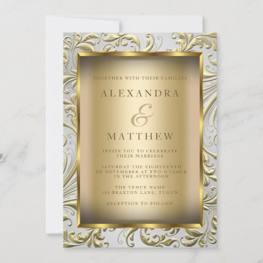 Invitation Elégant Mariage or Bow Golden Leaf (Dos)