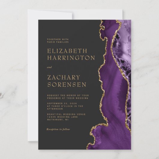 Invitation Élégant Mariage or d'agate violet (Devant)