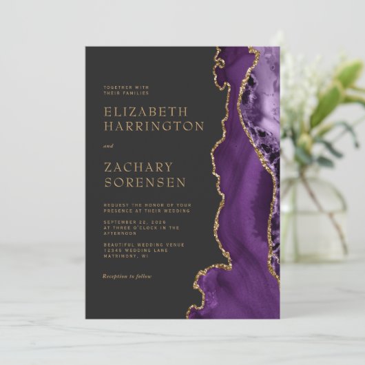 Invitation Élégant Mariage or d'agate violet (Debout devant)