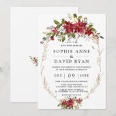 Invitation Élégant Mariage or de fleurs roses de Bourgogne (Devant / Derrière)