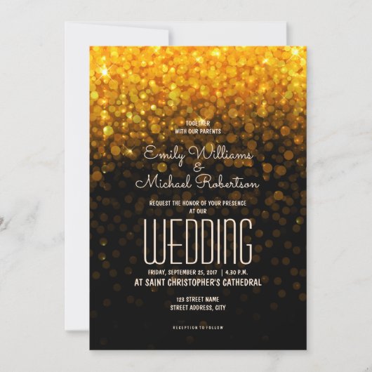 Invitation Élégant mariage or lumières de mariage Bokeh arriè (Devant)