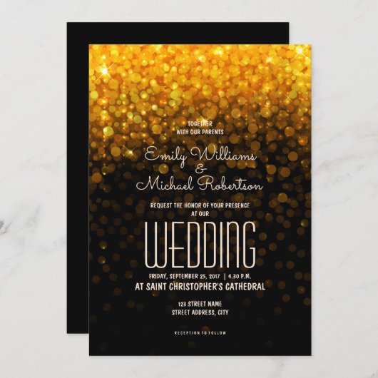 Invitation Élégant mariage or lumières de mariage Bokeh arriè (Devant / Derrière)