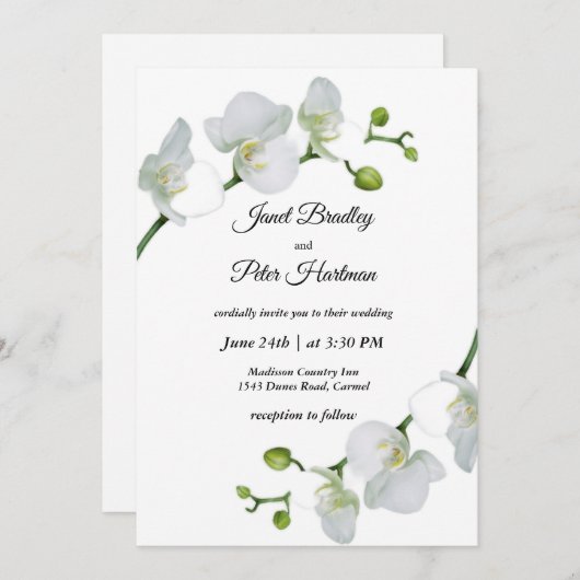 Invitation Elégant Mariage orchidées blanches (Devant / Derrière)