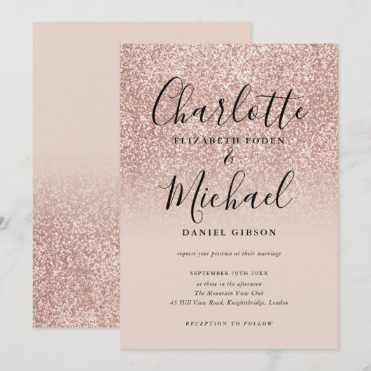 Invitation Élégant mariage paillettes or rose écriture (Devant / Derrière)
