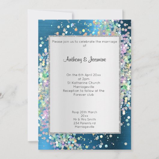 INVITATION ÉLÉGANT MARIAGE PASTEL HOLOGRAPHIQUE BLEU TEXTUÉ (Devant)