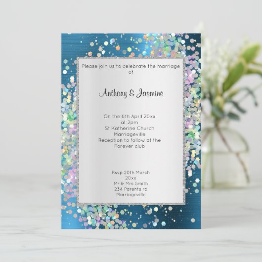 INVITATION ÉLÉGANT MARIAGE PASTEL HOLOGRAPHIQUE BLEU TEXTUÉ (Debout devant)