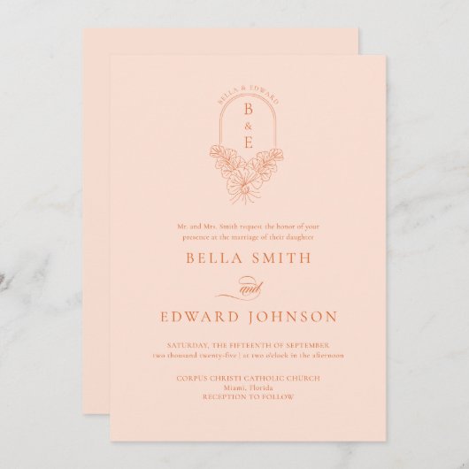 Invitation Élégant Mariage Peach Fuzz (Devant / Derrière)