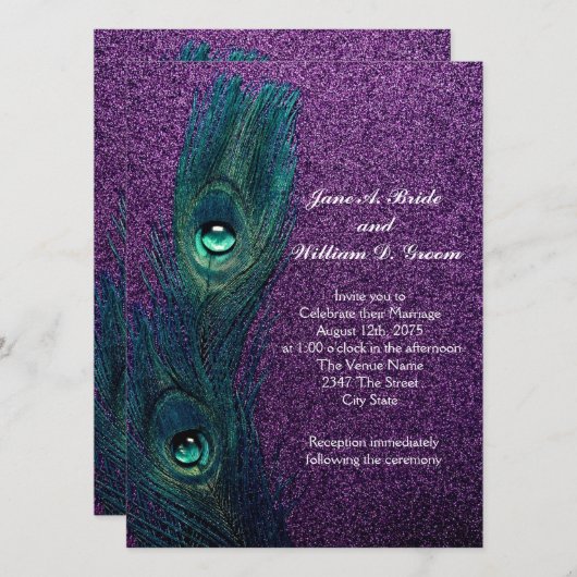 Invitation Élégant Mariage Peacock bleu violet Turquoise (Devant / Derrière)