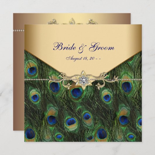 Invitation Élégant Mariage Peacock Or (Devant / Derrière)