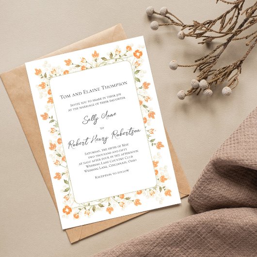 Invitation Élégant Mariage Pêche Floral Script