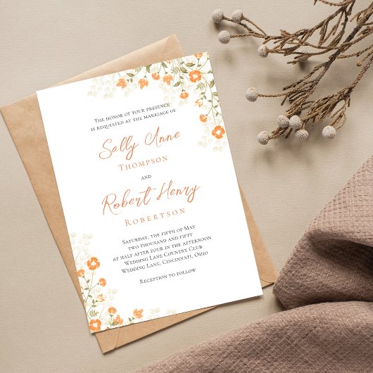 Invitation Élégant Mariage Pêche Floral Simple Écriture