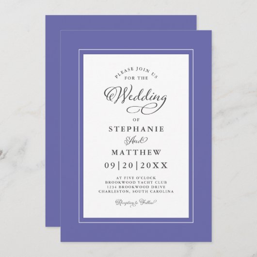Invitation Élégant Mariage Périwinkle Bleu Moderne Calligraph (Devant / Derrière)
