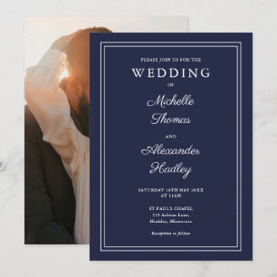 Invitation Elégant Mariage photo bleu marine frontière