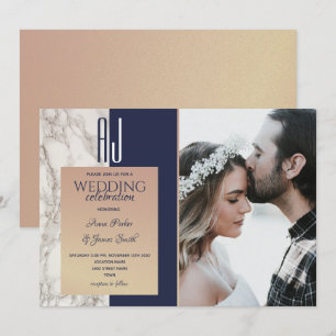 Invitation Élégant Mariage Photo Bleu Nuit Or