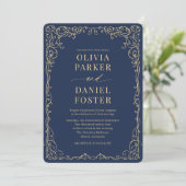 Invitation Élégant Mariage Photo Code QR Bleu Nuit Or (Debout devant)