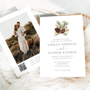 Invitation Élégant Mariage Photo Code QR de verdure de pin en