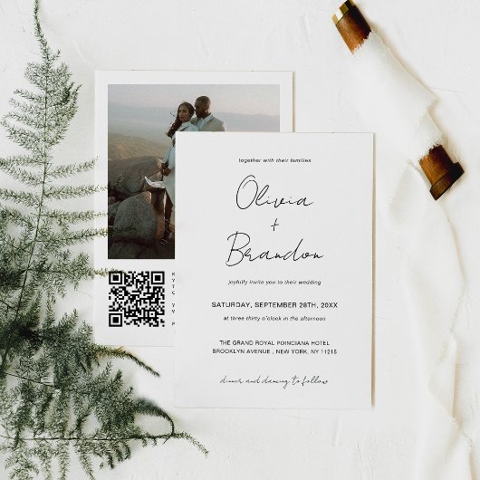 Invitation Élégant Mariage photo de cadre de code QR manuscri