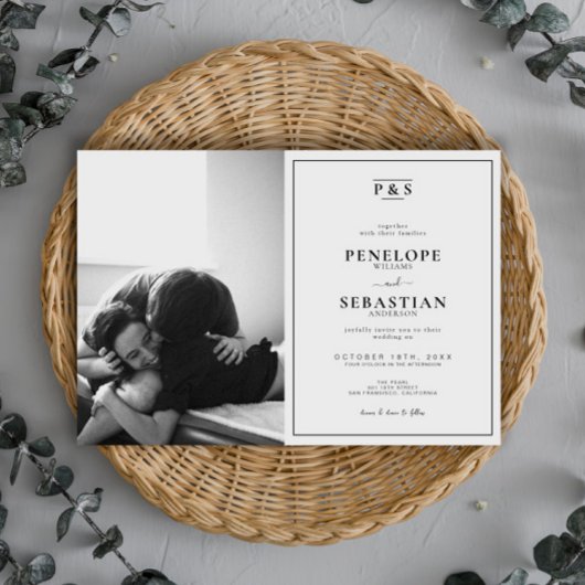 Invitation Élégant Mariage photo de Monogramme noir et blanc