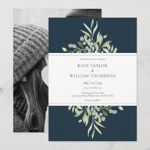 Invitation Élégant mariage photo de verdure de bleu de mer pr