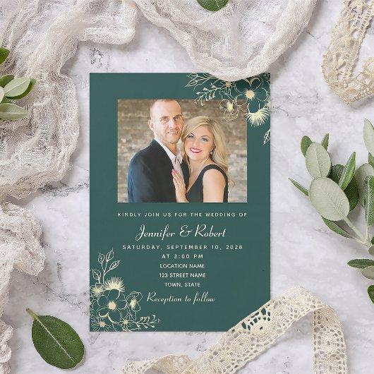Invitation Élégant Mariage photo Emerald Green