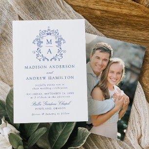 Invitation Élégant mariage photo floral bleu chinoiserie