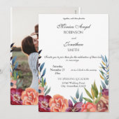 Invitation Élégant Mariage photo floral de Bourgogne et de pr (Devant / Derrière)