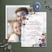 Invitation Elégant Mariage photo floral Dusty Blue Bourgogne
