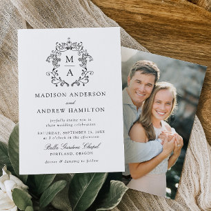 Invitation Élégant mariage photo floral en chinoiserie noir