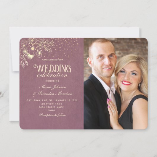 Invitation Elegant Mariage photo Gold Purple (Devant)