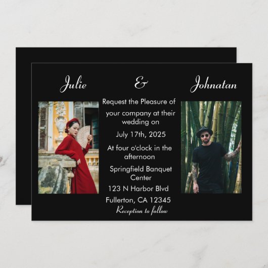 Invitation Élégant Mariage photo manuscrit noir et blanc (Devant / Derrière)