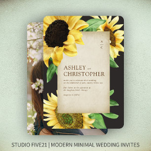 Invitation Élégant Mariage photo noir tournesol rustique