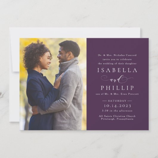 Invitation Élégant mariage photo officiel prune violet automn (Devant)