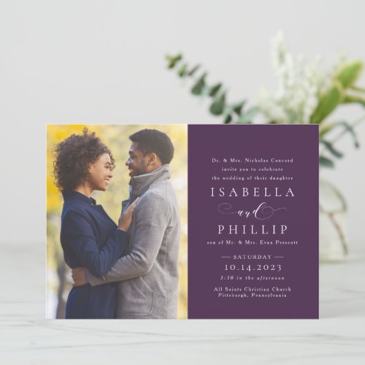 Invitation Élégant mariage photo officiel prune violet automn (Debout devant)
