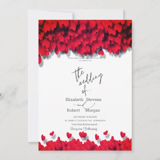 Invitation Élégant Mariage Red Hearts (Devant)