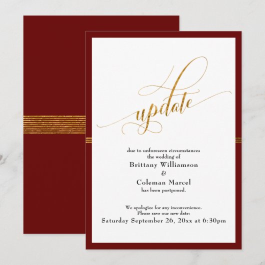 Invitation Elégant Mariage reporté Red Gold Stripe Card (Devant / Derrière)