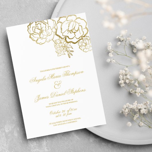 Invitation Élégant mariage romantique à fleurs d'or blanc