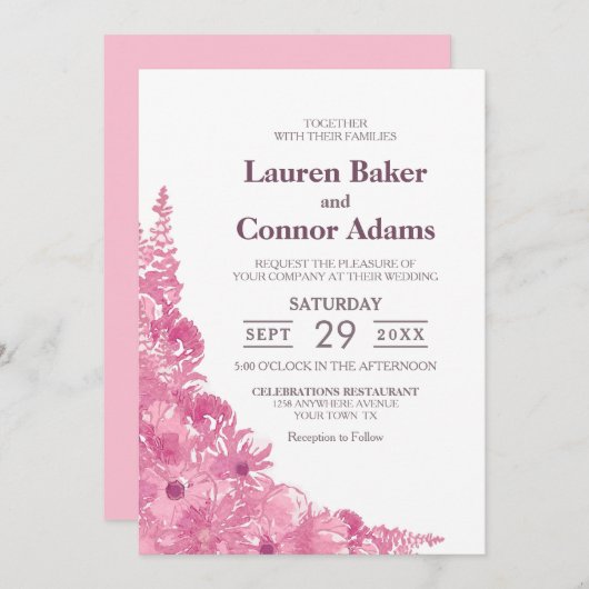 Invitation Élégant Mariage rose (Devant / Derrière)