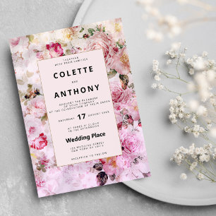 Invitation Elégant mariage rose blanc or floral vintage