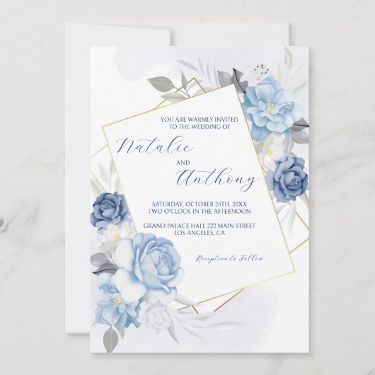 Invitation Élégant Mariage Rose bleu (Devant)